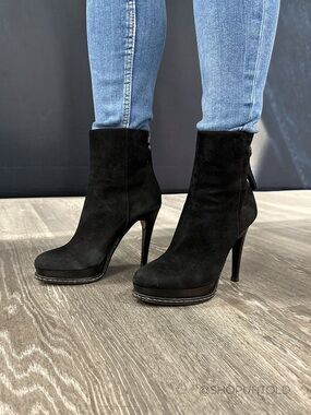 B2 Black Suede Platform Stiletto Ankle Bootie Back Zip MADE IN ITALY Size 36